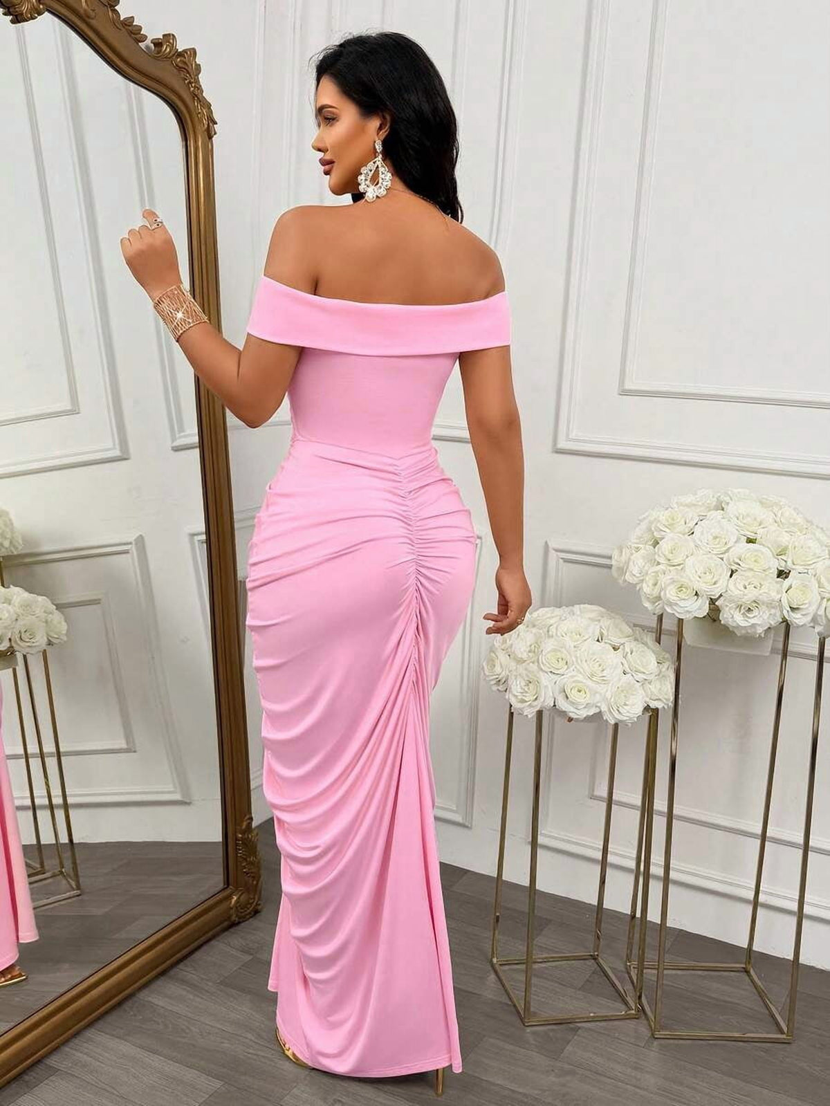 thumbnail image 5 of Womens Sexy Sleeveless Pink Cold Shoulder Long Fitted Dress, Ruched, 5 of 10