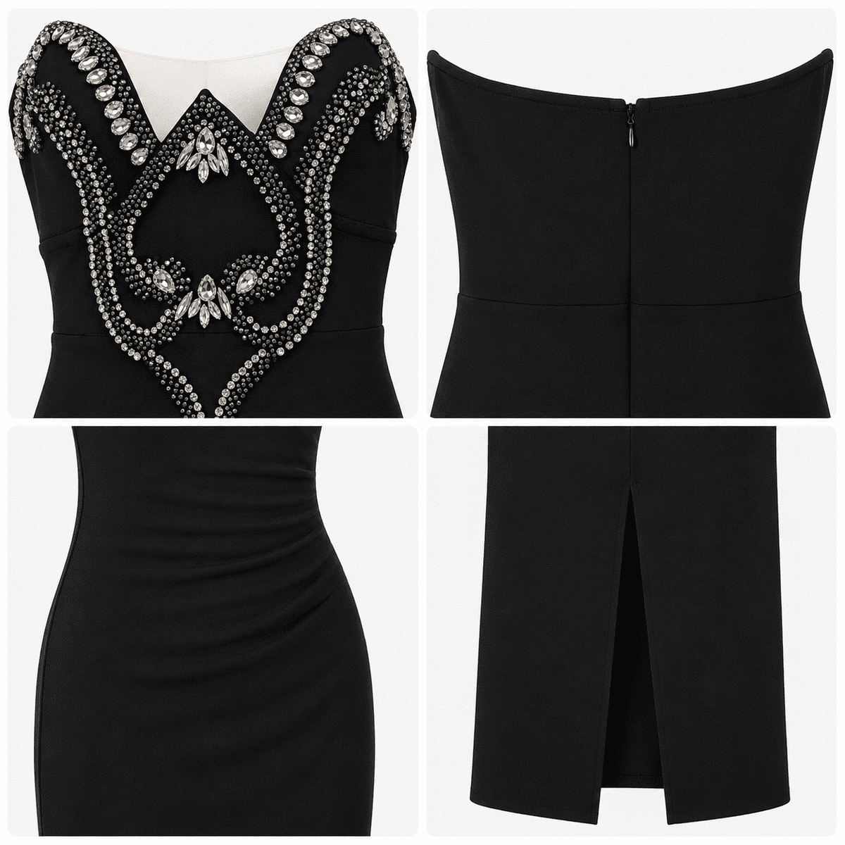 thumbnail image 3 of Women Strapless Maxi Dress Rhinestone Beaded Sweetheart Neck Bodycon Evening Formal Dress Black, 3 of 8