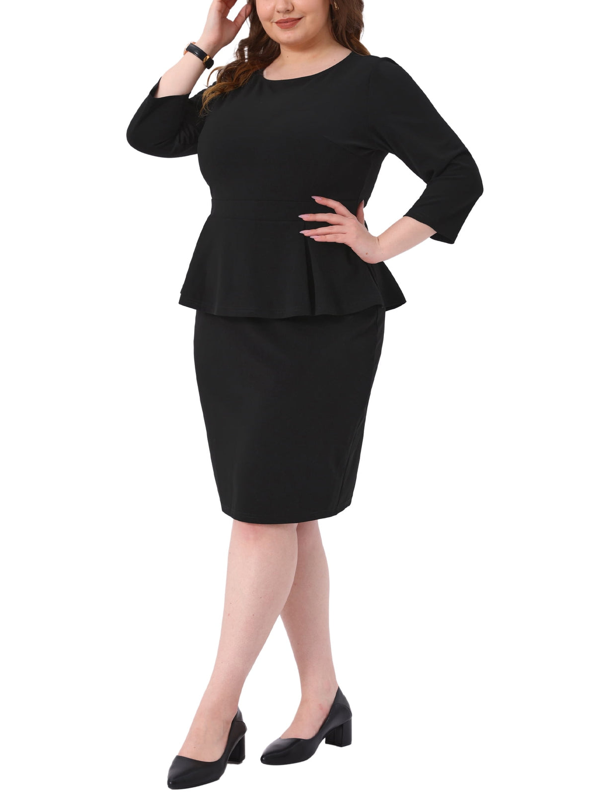 thumbnail image 4 of Agnes Orinda Women's Plus Size Peplum Pencil Dress Crew Neck 3/4 Sleeve Flared Sheath Office Business Dresses 1X Black, 4 of 6