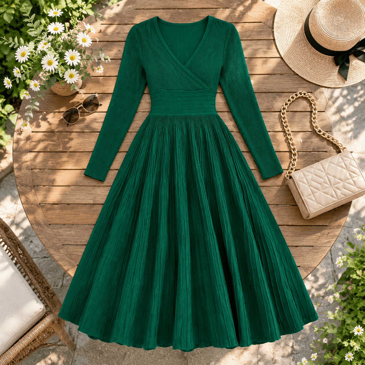 thumbnail image 3 of Womens Long Sleeve Midi Dress Dark Green X-Small V Neck Pleated Maxi, 3 of 5