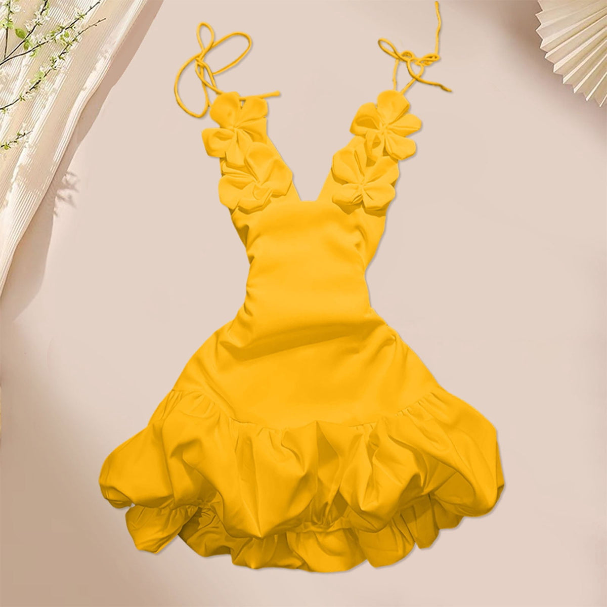 thumbnail image 2 of IWRICH Women's Spaghetti Strap Bodycon Dress 3D Floral Pleated Ruffle Hem Mini Dress for Nightclub Yellow XS, 2 of 2