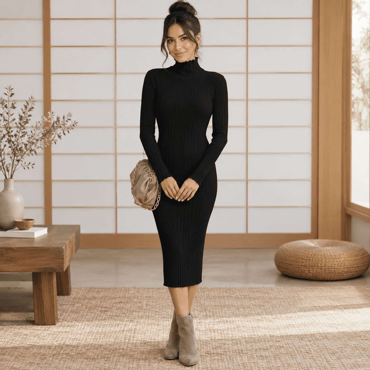 thumbnail image 4 of Black X-Small Women's Ribbed Knit Long Sleeve Mock Neck Bodycon Midi Dress, 4 of 8