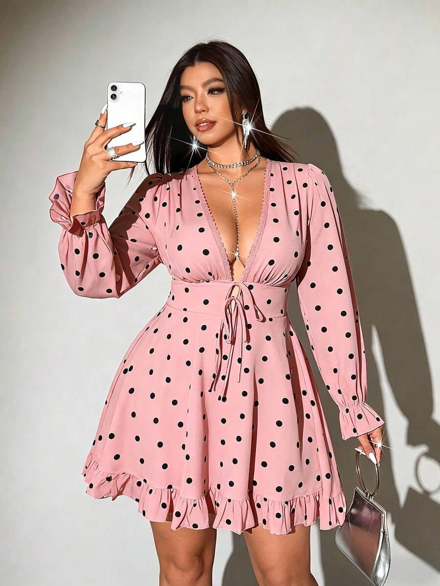 thumbnail image 2 of Womens Pink Polka Dot Print Deep V-Neck Long Sleeve Ruffle Mini Dress, 2 of 7