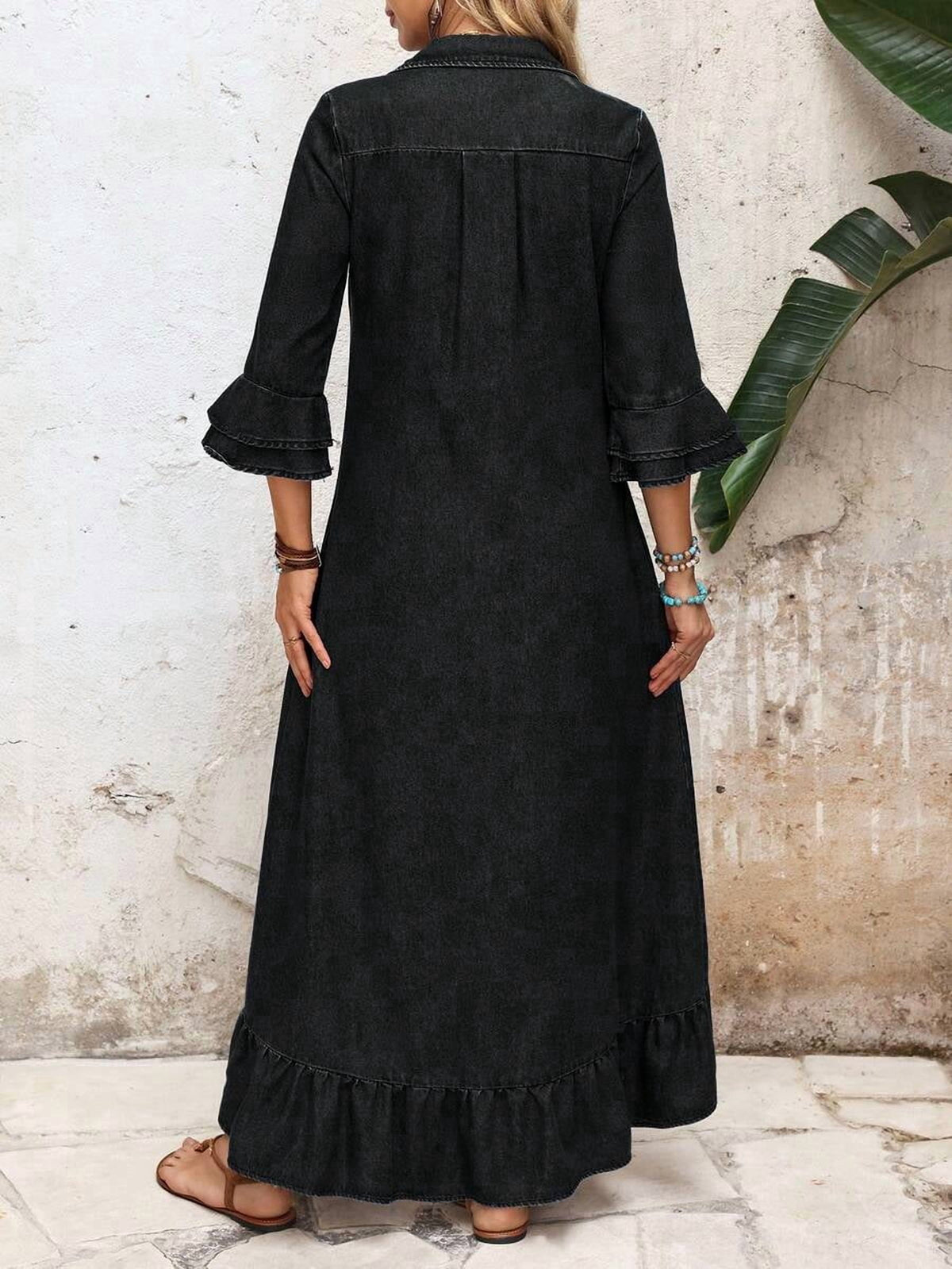 thumbnail image 2 of Black Dress, Retro Vintage 70s Style Bell Sleeves, Single-Breasted, 2 of 7