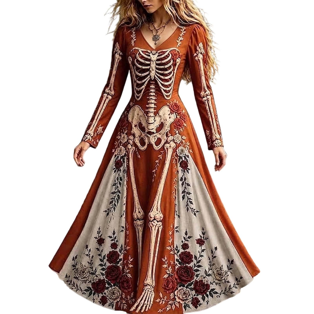 thumbnail image 2 of Wovilon Women's Halloween Skeleton Maxi Dress V-Neck Long Sleeve Gothic Rose Floral Bone Print Stretch Costume for Adult Halloween Parties 5 Colors S-XXXXXL, 2 of 4