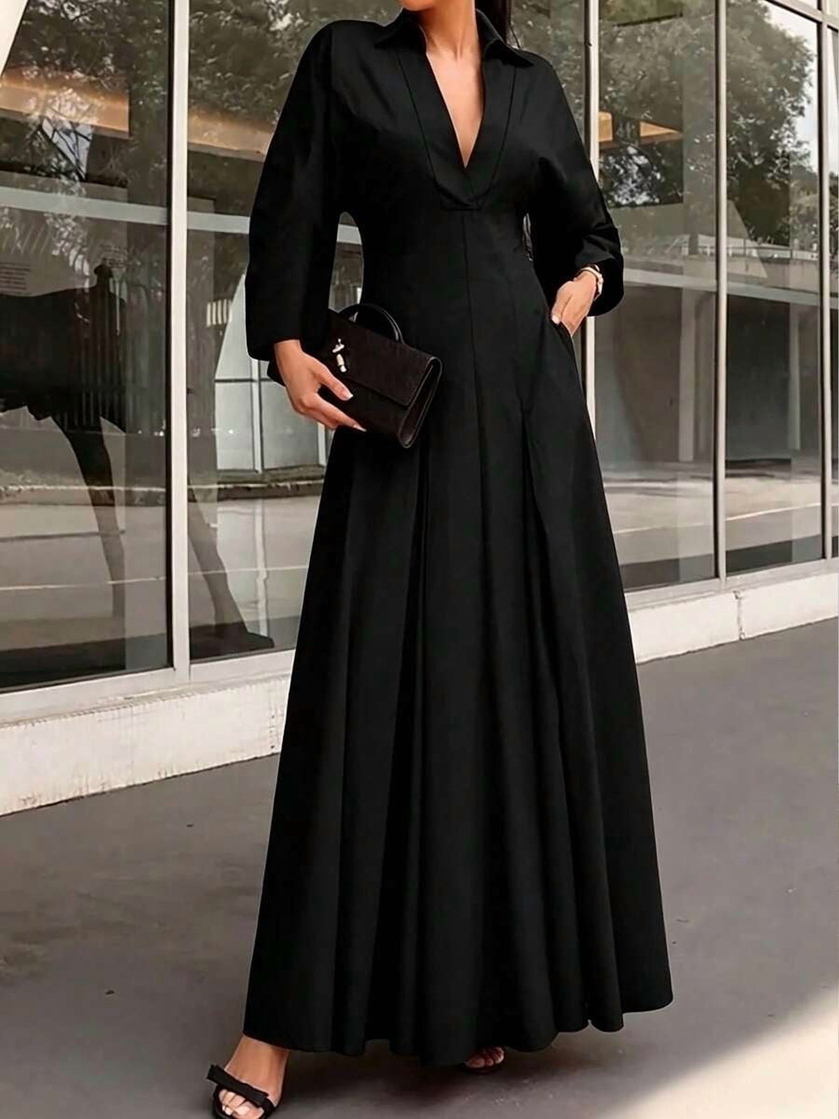 thumbnail image 3 of Black Womens Long Sleeve V-Neck Dress - Elegant Lapel Collar Flare Hem Maxi, 3 of 8