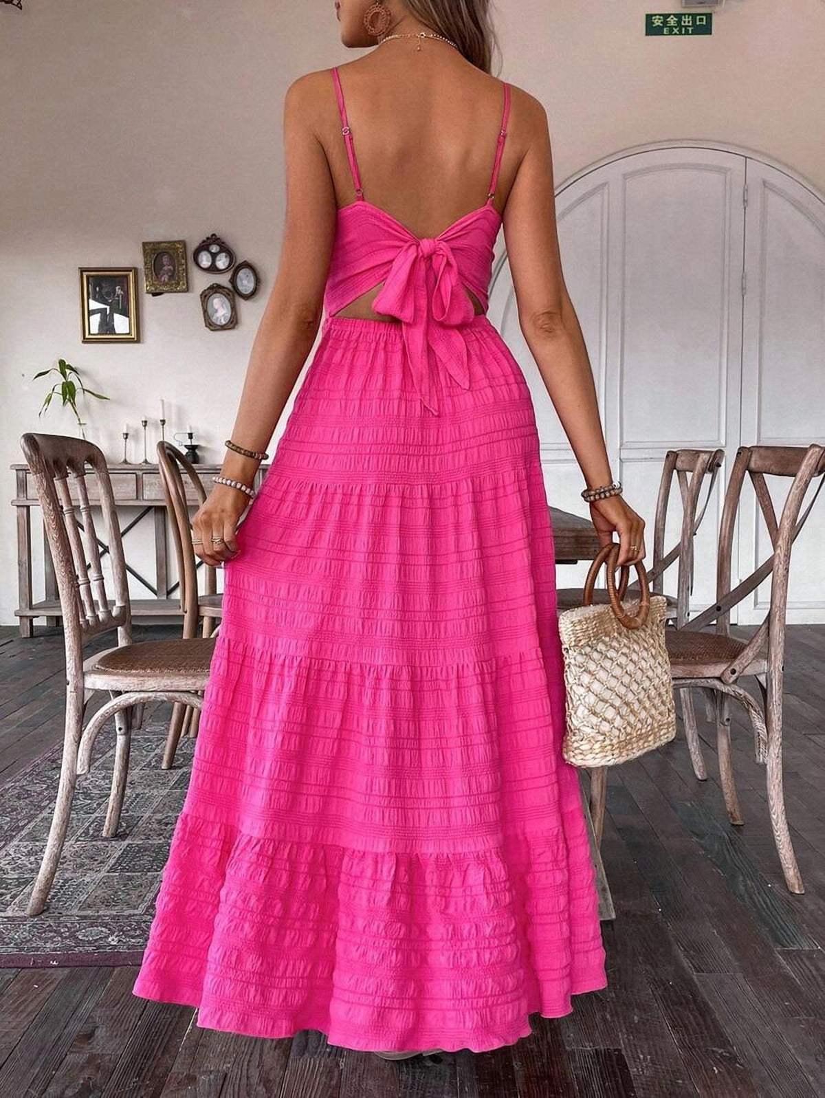 thumbnail image 2 of Hot Pink V-Neck Maxi Dress With Back Bow Tie And Tiered Skirt For Women, 2 of 30