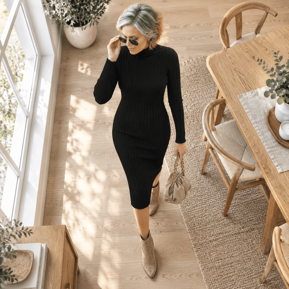 thumbnail image 2 of Black X-Small Women's Ribbed Knit Long Sleeve Mock Neck Bodycon Midi Dress, 2 of 8