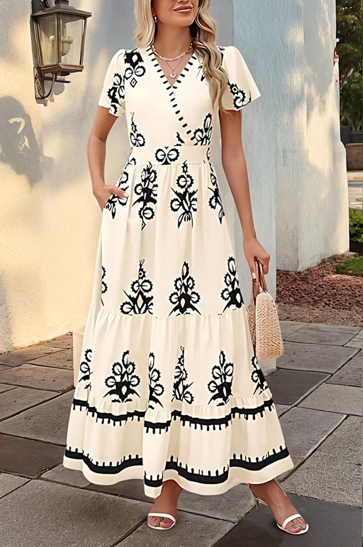 thumbnail image 5 of Womens 2025 Summer Casual V Neck Boho Maxi Dress Flowy Aline Bell Sleeve Tiered Floral Dresses with Pocket L, 5 of 7