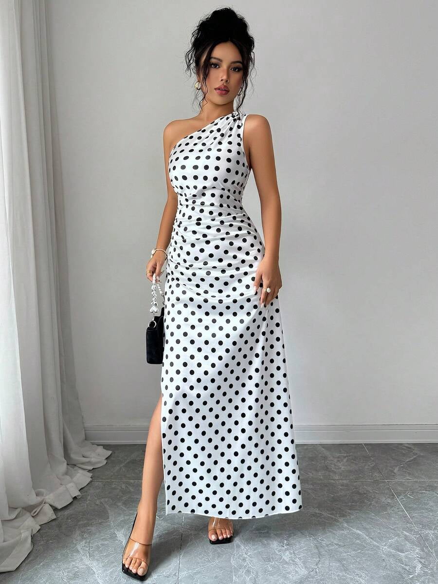 thumbnail image 3 of White Polka Dot Satin One Shoulder Ruched Maxi Evening Dress, 3 of 6