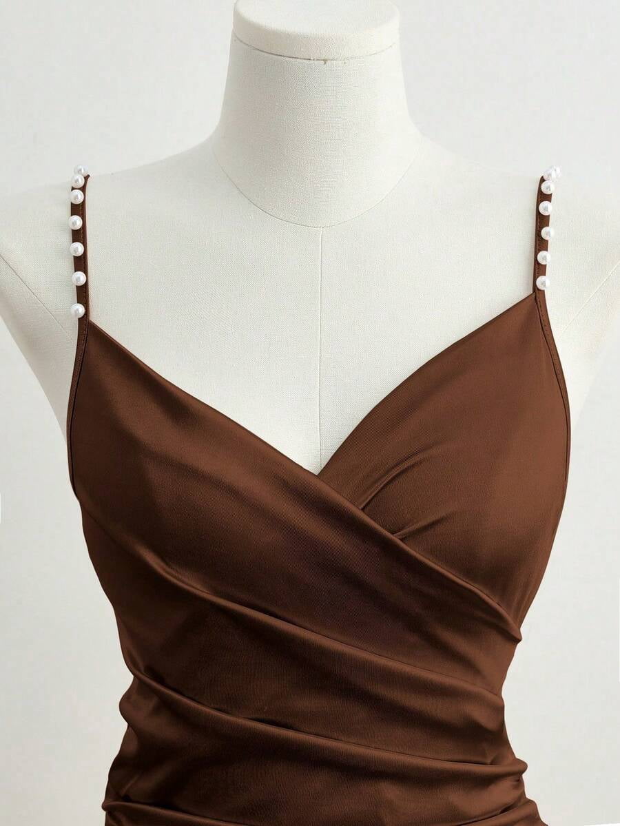 thumbnail image 5 of Womens Brown Satin Slip Dress, Elegant Beaded Spaghetti Strap Cross Neck, 5 of 5