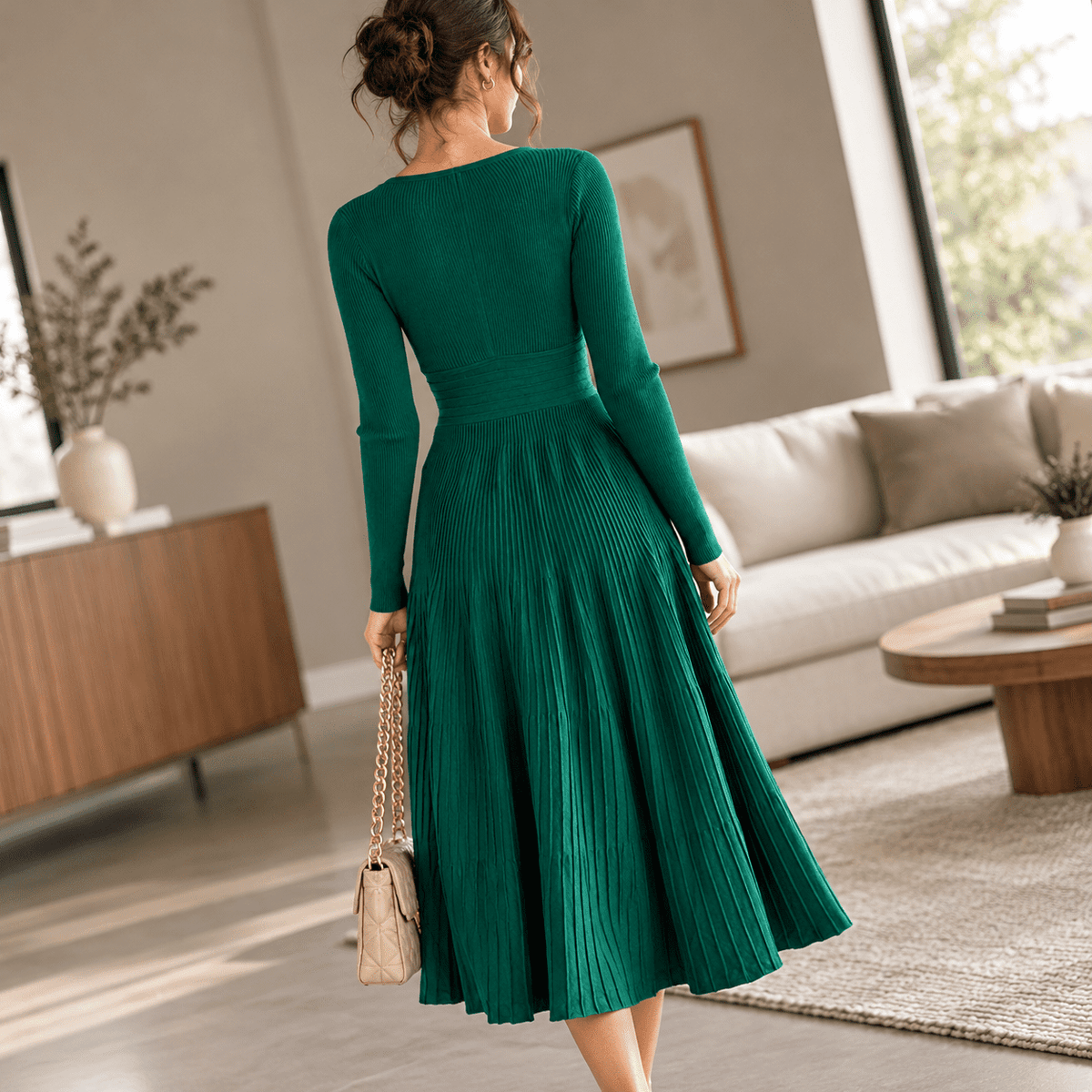 thumbnail image 5 of Womens Long Sleeve Midi Dress Dark Green X-Small V Neck Pleated Maxi, 5 of 5