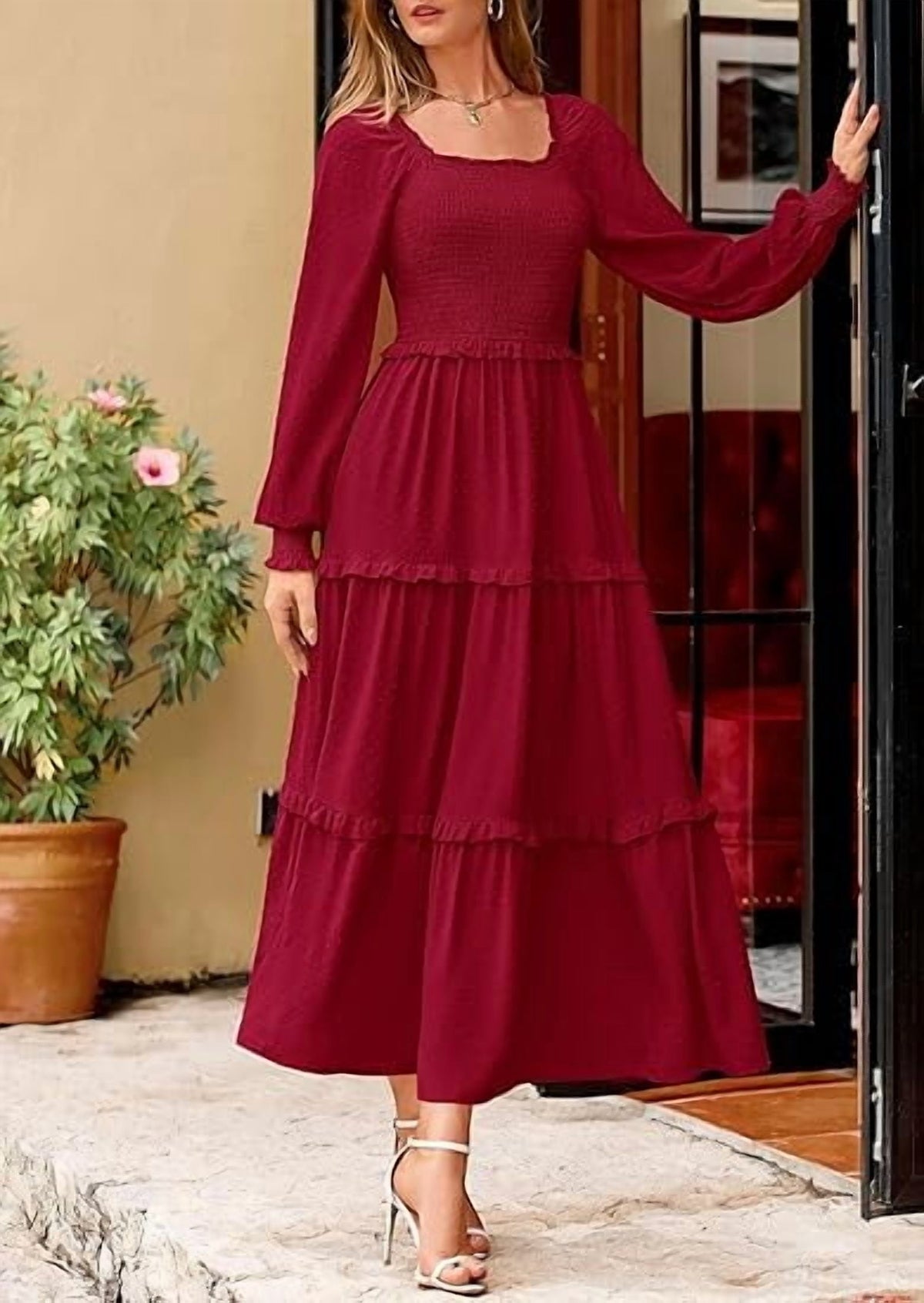thumbnail image 3 of PRETTYGARDEN Women's Spring Long Sleeve Smocked Maxi Dress Casual Square Neck Swiss Dot Tiered Ruffle Flowy Pocket Dresses, 3 of 10