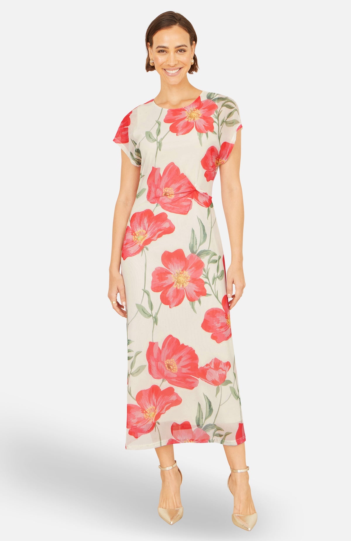 thumbnail image 3 of Yumi Poppy Print Midi Mesh Dress - White, 6, 3 of 5