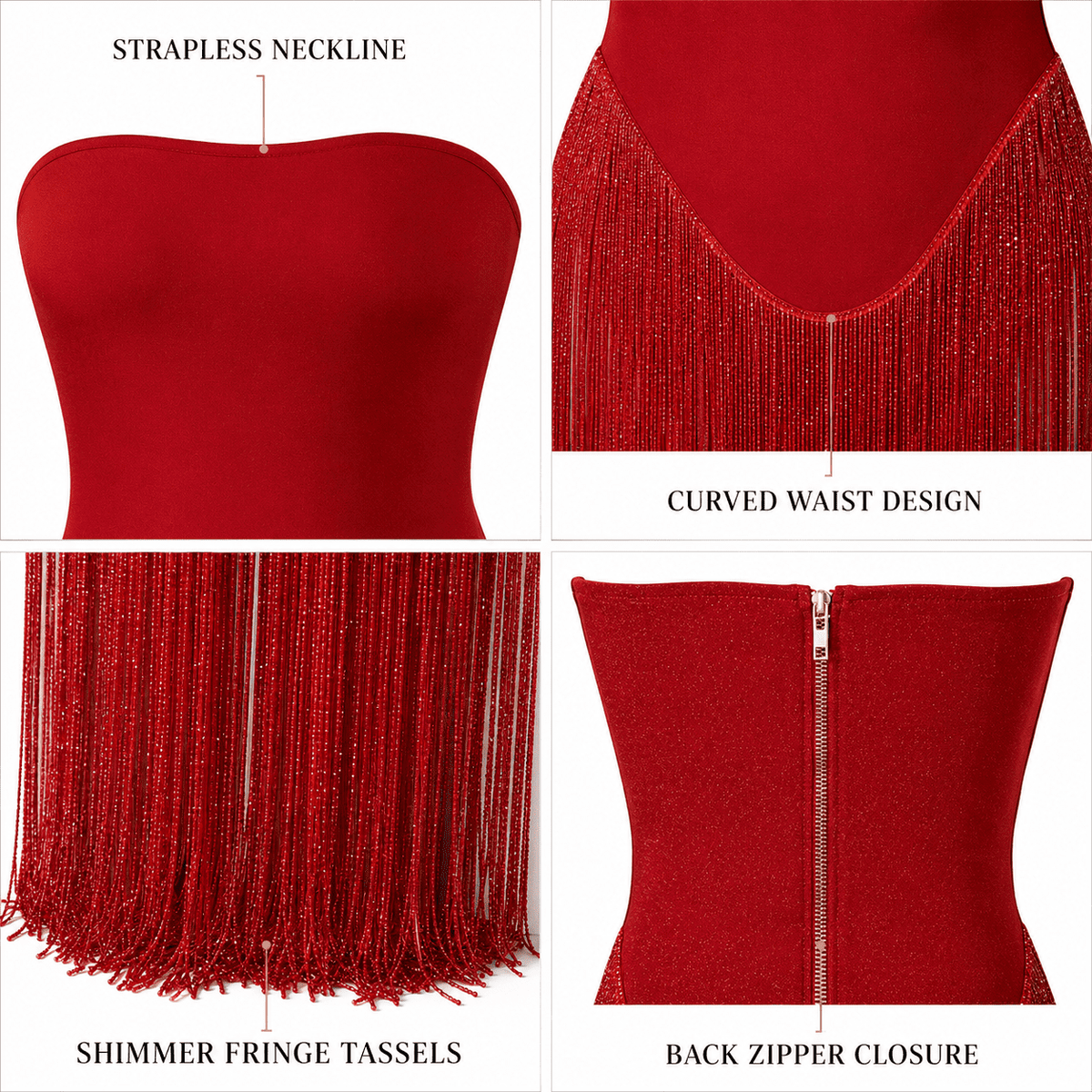 thumbnail image 3 of Women's Red Strapless Fringe Maxi Dress with Fitted Bodice, 3 of 7