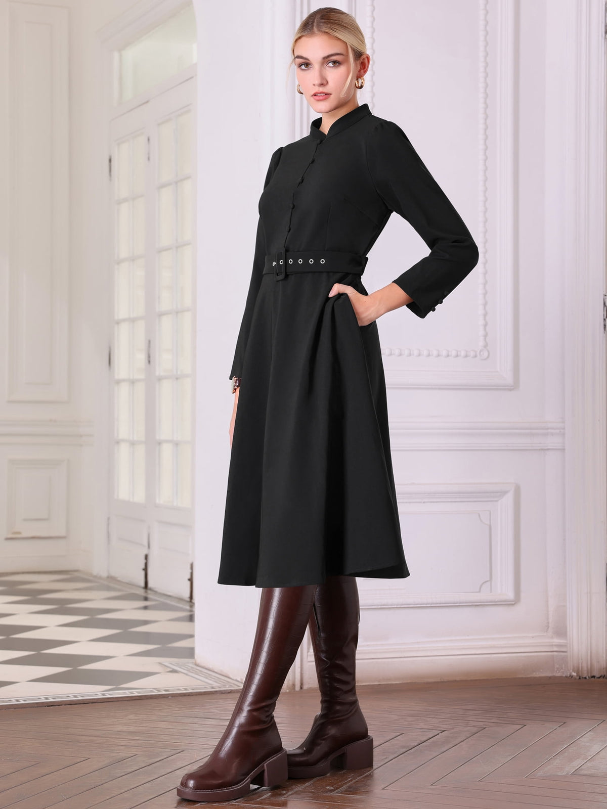 thumbnail image 3 of DARING DIVA Long Sleeve Flare Mock Neck Belted Church Dress XL Black, 3 of 6