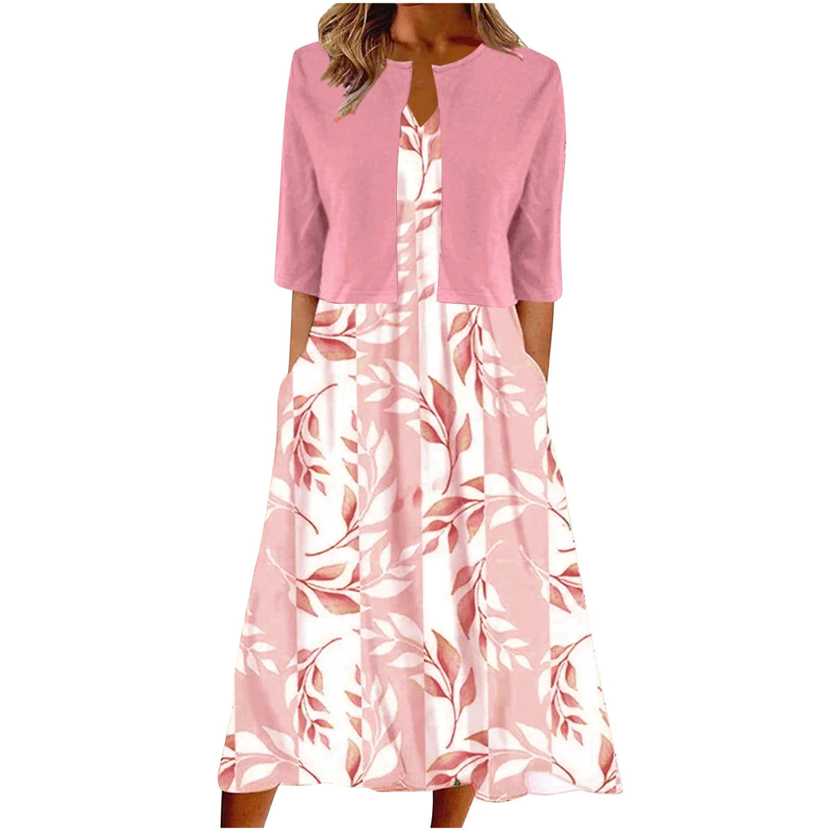 thumbnail image 2 of BLTIBY 2025 Womens 2 Piece Set Fashion Printed V Neck Long Dress with Jacket Cardigan Wedding Guest Floral Print Midi Dresses with Pockets Pink XL, 2 of 9