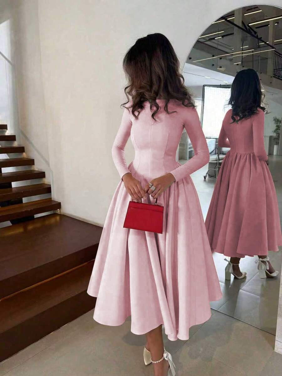 thumbnail image 2 of Women Pink Long Sleeve Midi Dress Pleated A-Line Swing Evening Party Formal, 2 of 10