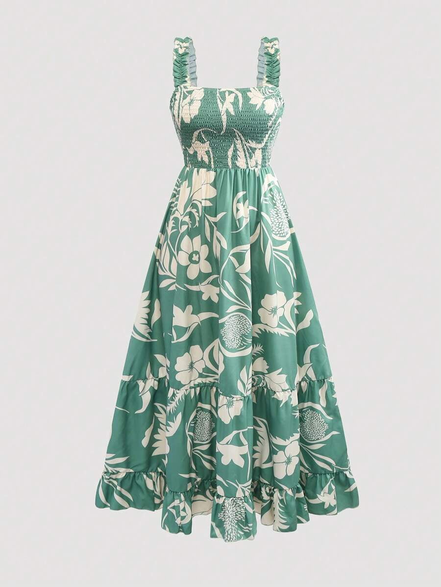 thumbnail image 4 of Womens Green Floral Print Smocked Square Neck Tiered Maxi Dress, 4 of 10