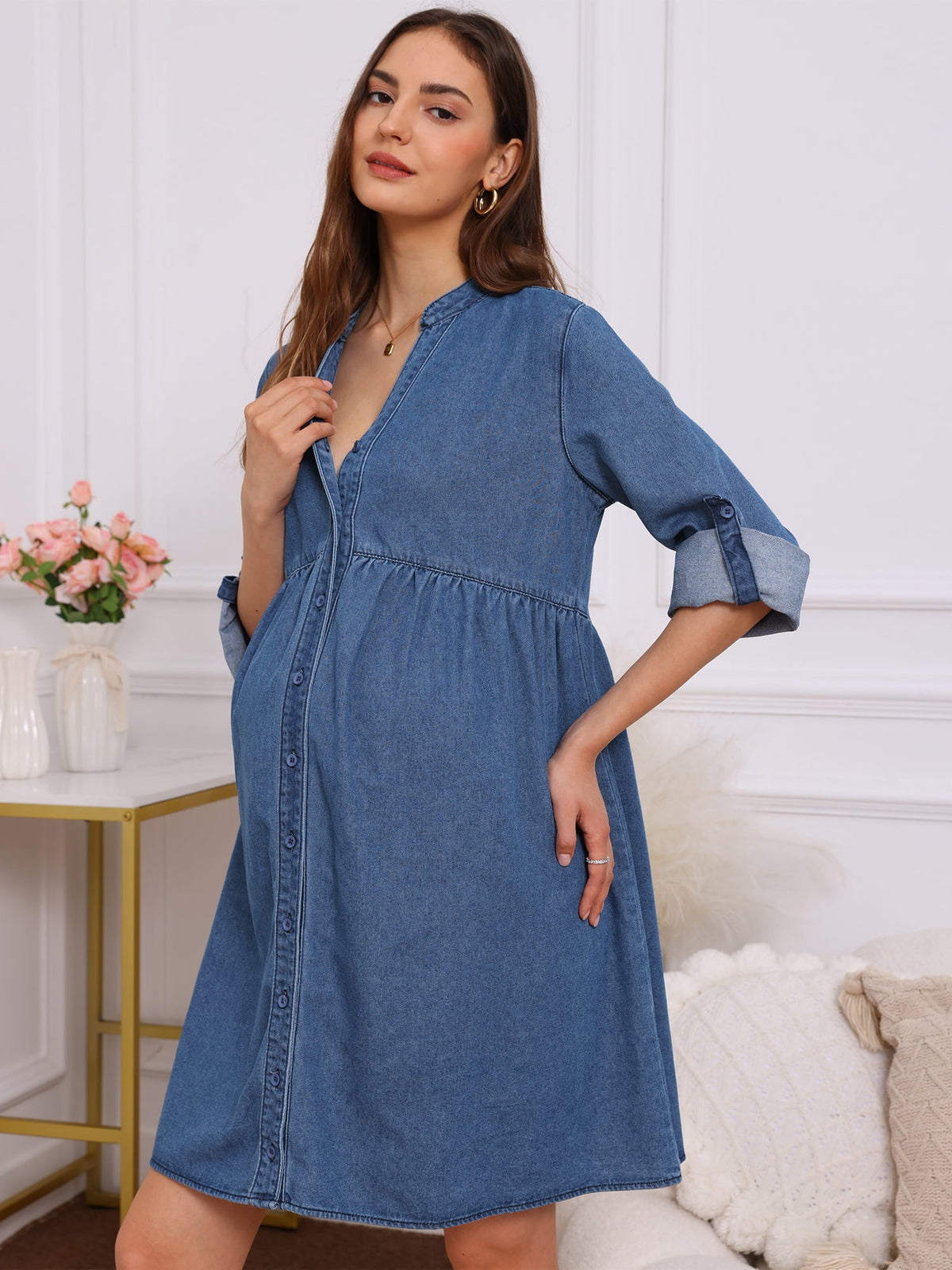 thumbnail image 5 of DARING DIVA Women's Maternity Denim Dress Long Sleeve Babydoll Nursing Dress L Blue, 5 of 8