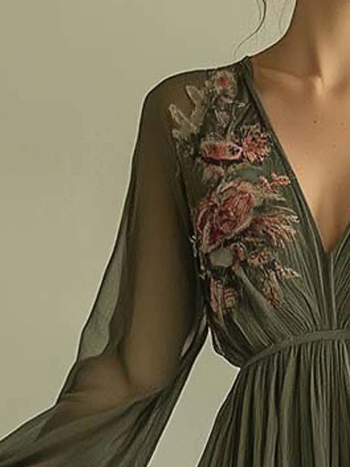 thumbnail image 4 of ZOELNIC Women's V-Neck Boho Maxi Dress Floral Sheer Long Sleeve Flowy Pleated Waist Elegant Dress, XL, 4 of 6