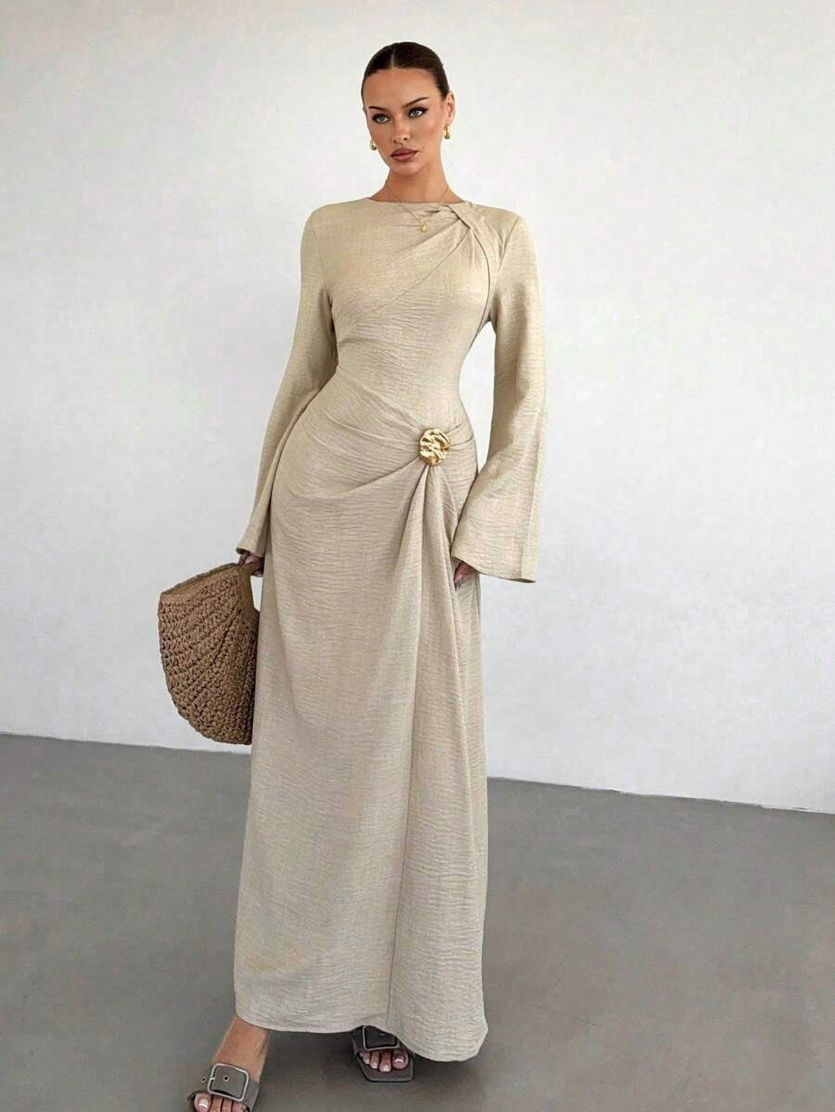thumbnail image 6 of Womens Long Sleeve Metallic Apricot Elegant Formal Dress, 6 of 7