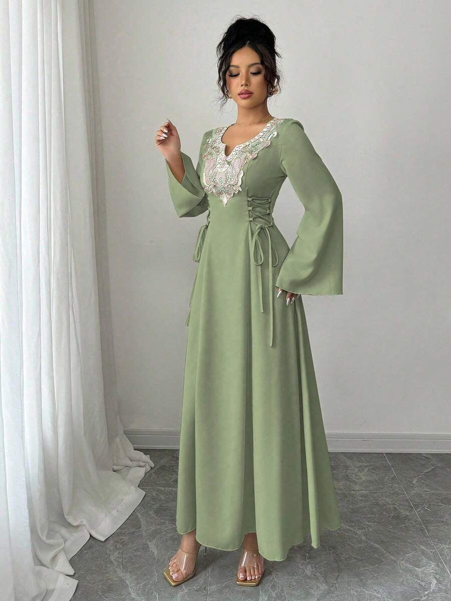 thumbnail image 5 of Womens Elegant Olive Green Maxi Dress with Floral Embroidered V-Neck, Long, 5 of 7