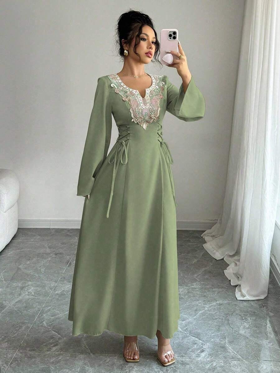 thumbnail image 4 of Womens Elegant Olive Green Maxi Dress with Floral Embroidered V-Neck, Long, 4 of 7