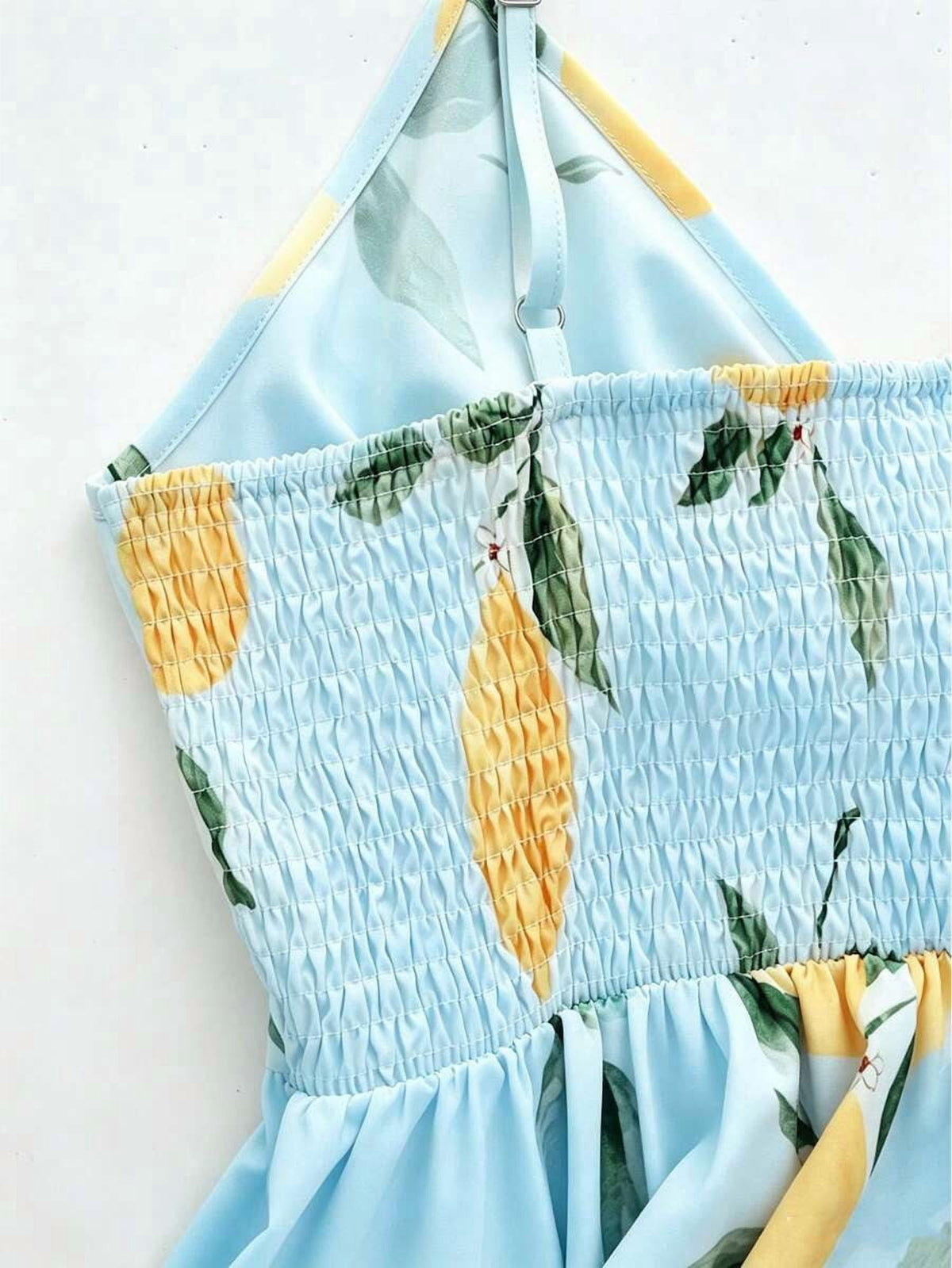 thumbnail image 5 of Womens Baby Blue Lemon Print Spaghetti Strap Ruched Bodice Maxi Dress, 5 of 6