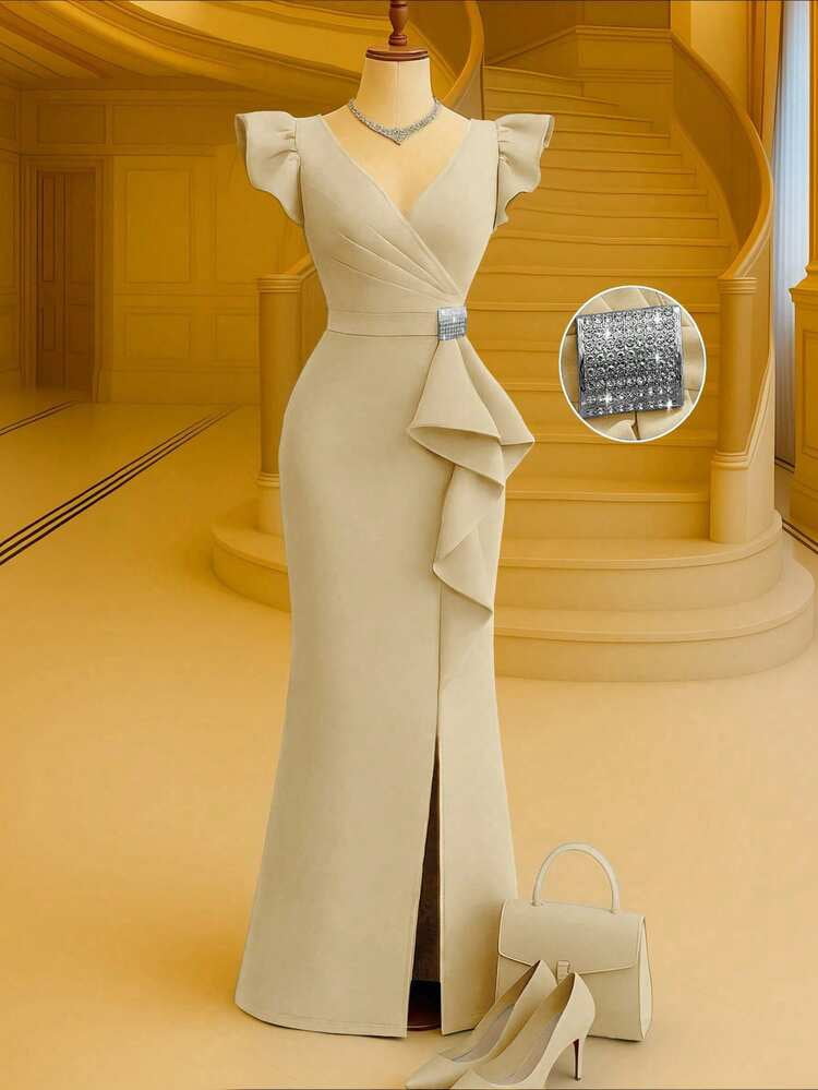 thumbnail image 6 of Apricot Long Dress with Deep V Neck and Crystal Belt, 6 of 6
