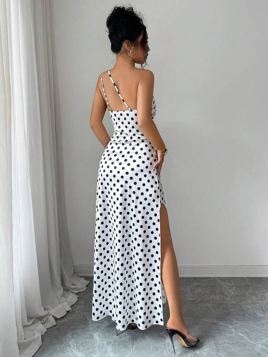 thumbnail image 2 of White Polka Dot Satin One Shoulder Ruched Maxi Evening Dress, 2 of 6