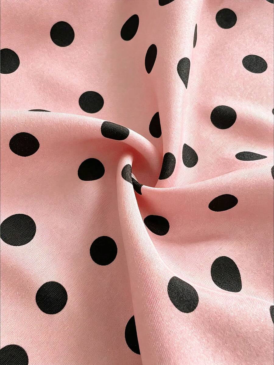 thumbnail image 7 of Womens Pink Polka Dot Print Deep V-Neck Long Sleeve Ruffle Mini Dress, 7 of 7