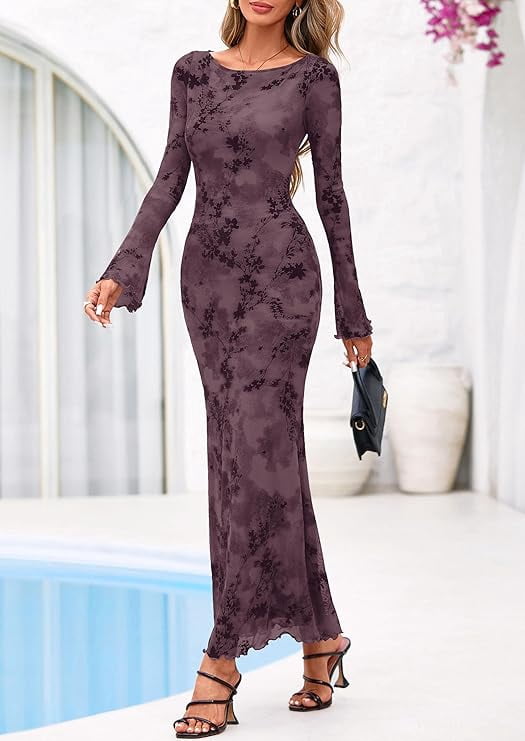 thumbnail image 3 of PRETTYGARDEN Women's Floral Bodycon Maxi Dress Spring Elegant Mesh Long Sleeve Formal Wedding Guest Cocktail Dresses, 3 of 7