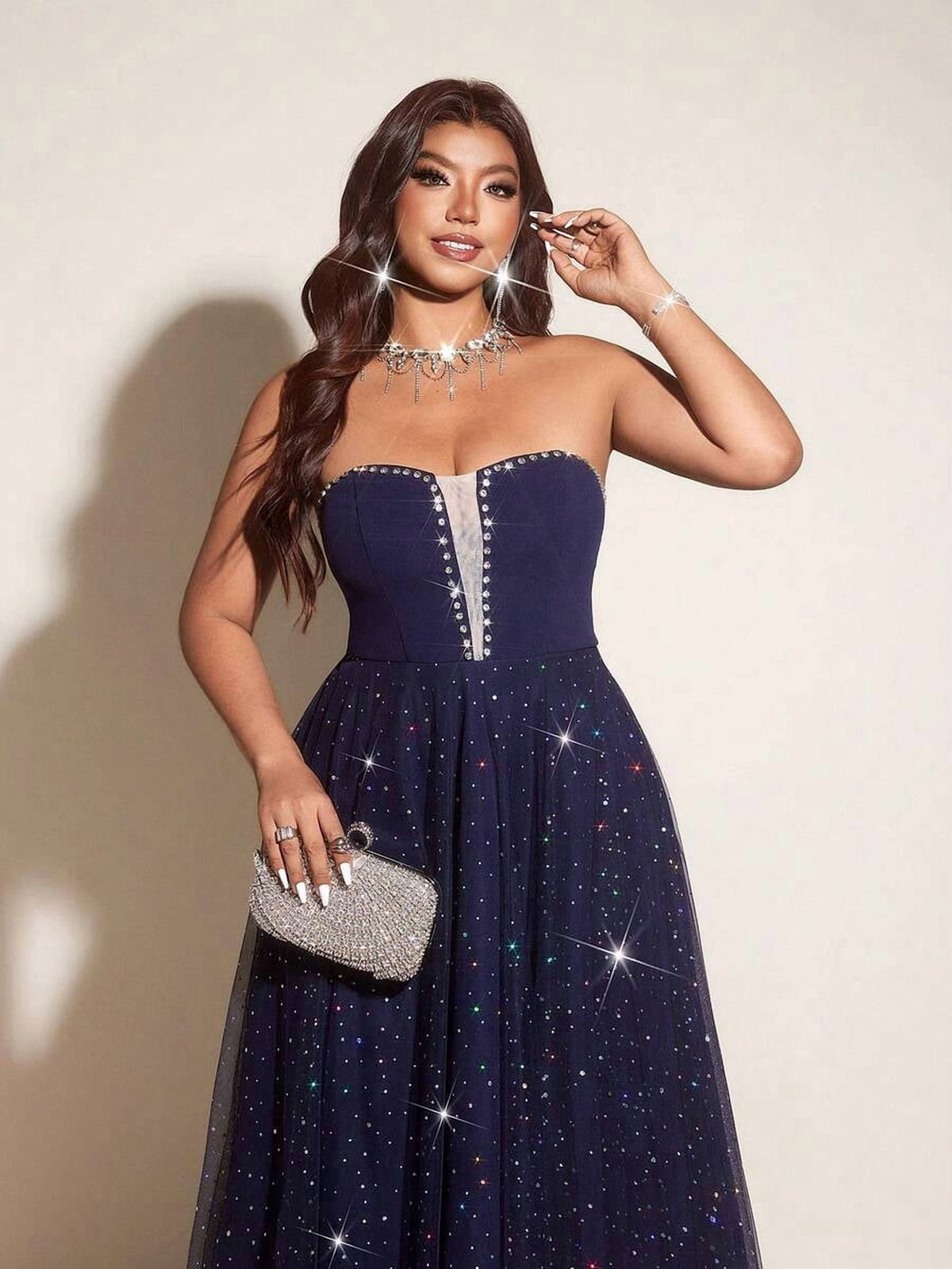 thumbnail image 3 of Plus Size Blue Strapless Starry Sky Rhinestone Evening Gown, 3 of 7