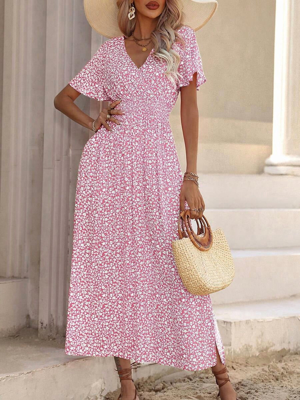 thumbnail image 5 of Womens Pink Floral Print V-Neck Short Sleeve Midi Dress with Slit, 5 of 7