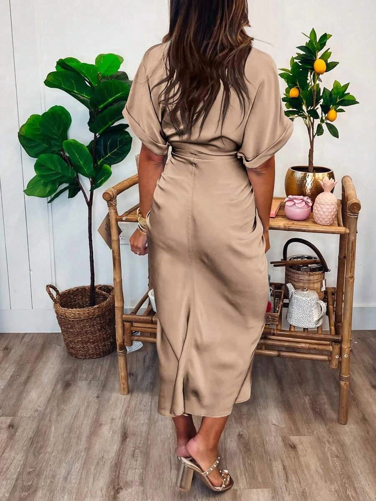 thumbnail image 2 of Khaki Ruched Button Down Midi Dress with Tie Waist, 2 of 5