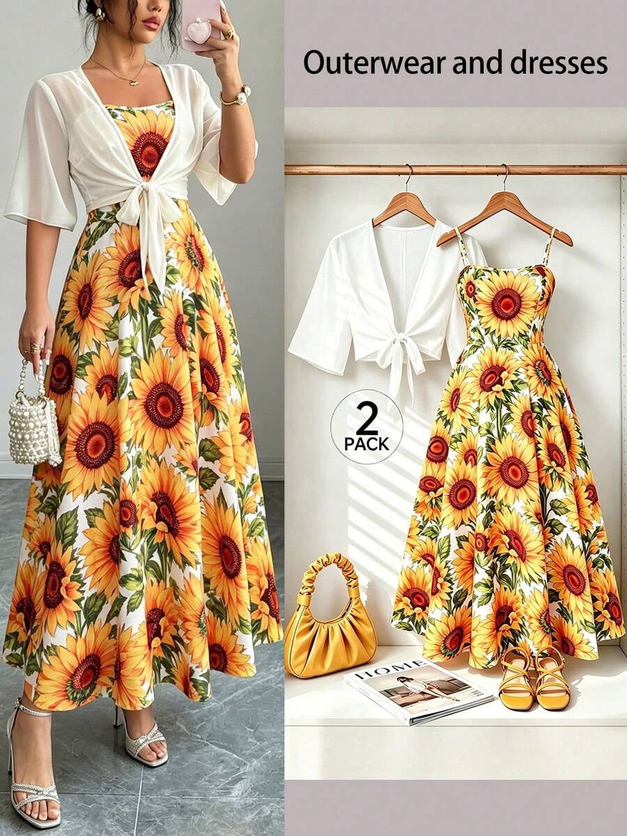 thumbnail image 2 of Multicolor Womens Elegant Sunflower Print Chiffon Dress with Shawl Wrap, 2 of 11