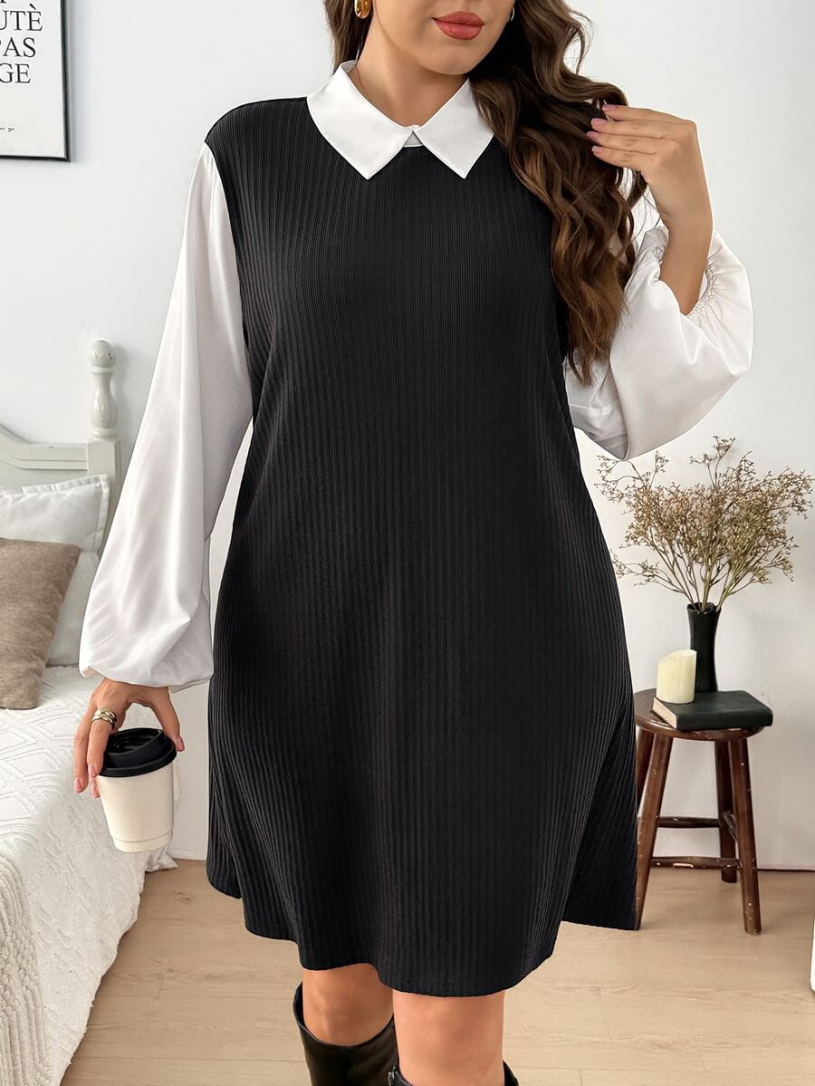 thumbnail image 3 of Black And White Color-Blocked Collar Long Sleeve Dress, 3 of 6