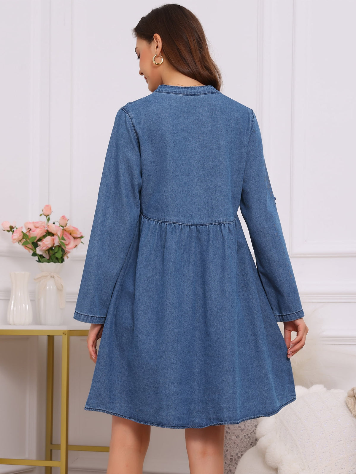 thumbnail image 6 of DARING DIVA Women's Maternity Denim Dress Long Sleeve Babydoll Nursing Dress L Blue, 6 of 8