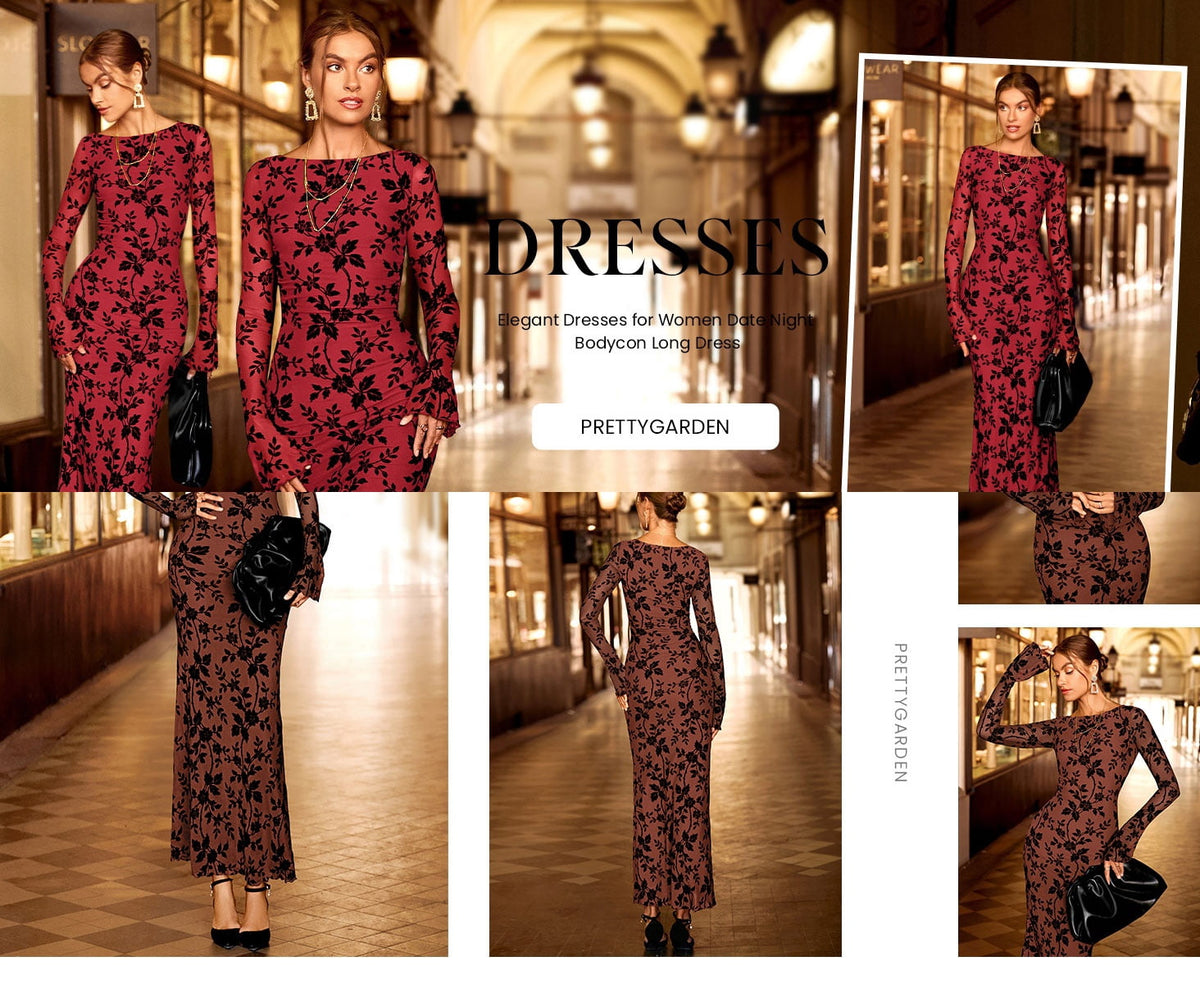 thumbnail image 4 of PRETTYGARDEN Women's Floral Bodycon Maxi Dress Spring Elegant Mesh Long Sleeve Formal Wedding Guest Cocktail Dresses, 4 of 7