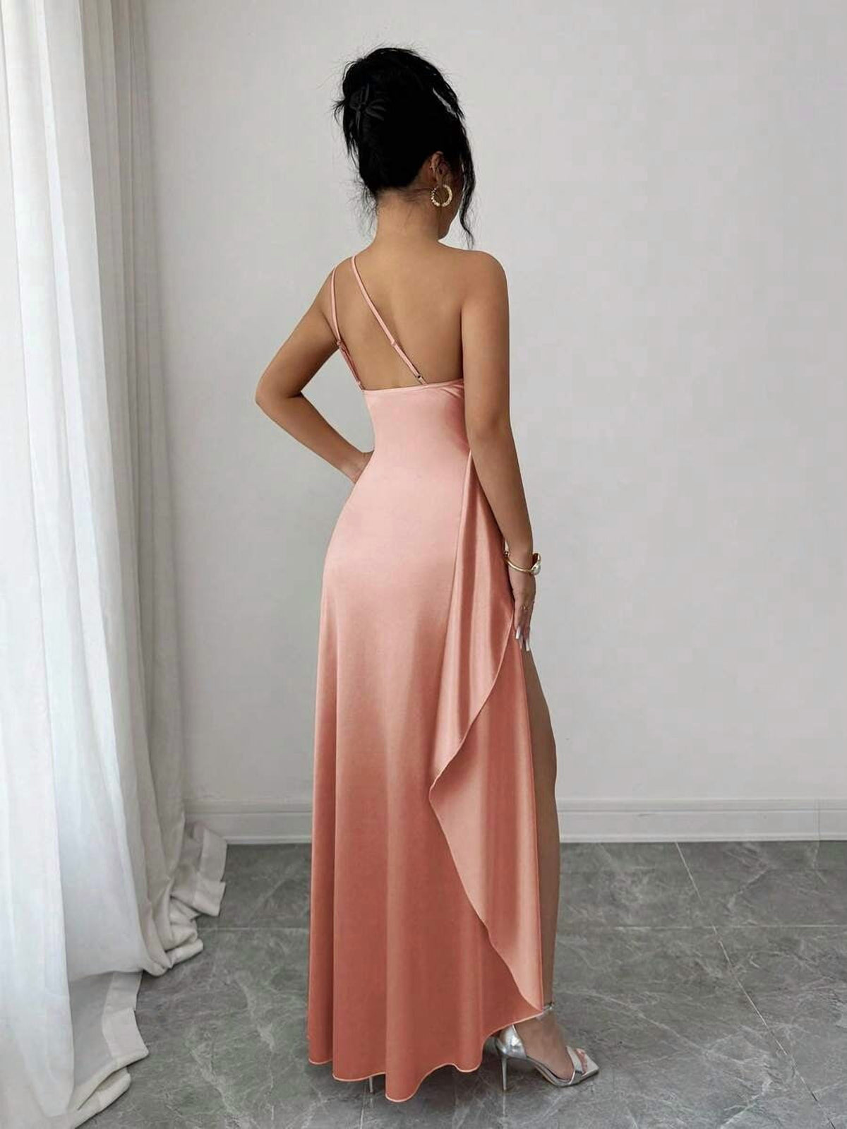 thumbnail image 2 of Dusty Pink Satin One Shoulder Evening Gown For Women Ruched Maxi Dress, 2 of 7