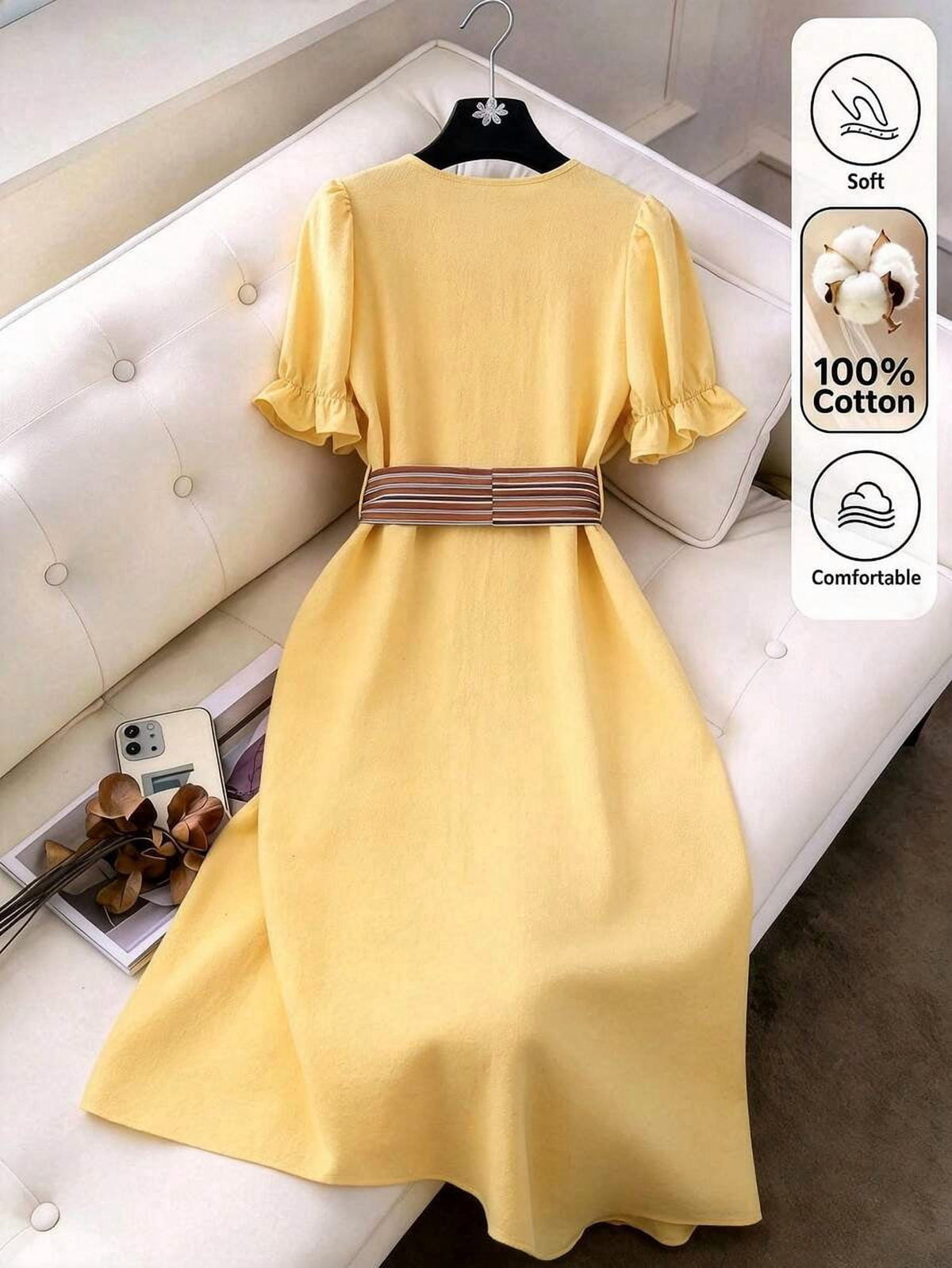 thumbnail image 2 of Women Light Yellow V-Neck Button Front Midi Dress With Bow Belt Petal, 2 of 7