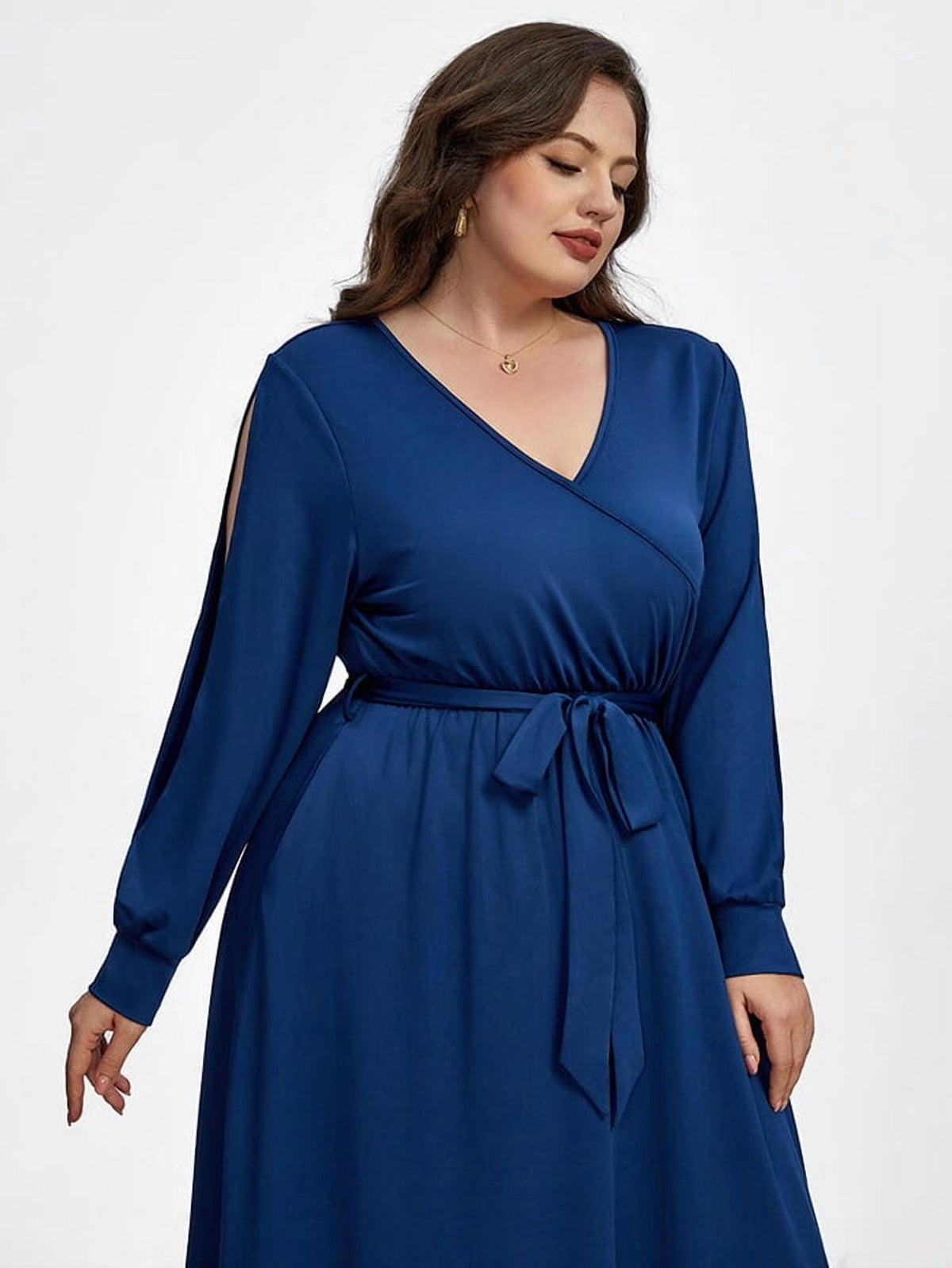 thumbnail image 4 of CurveSoul Plus Size Crisscross V-Neck Hollow Out Lantern Sleeve Pocket Tie Front Maxi Dress, 4 of 6