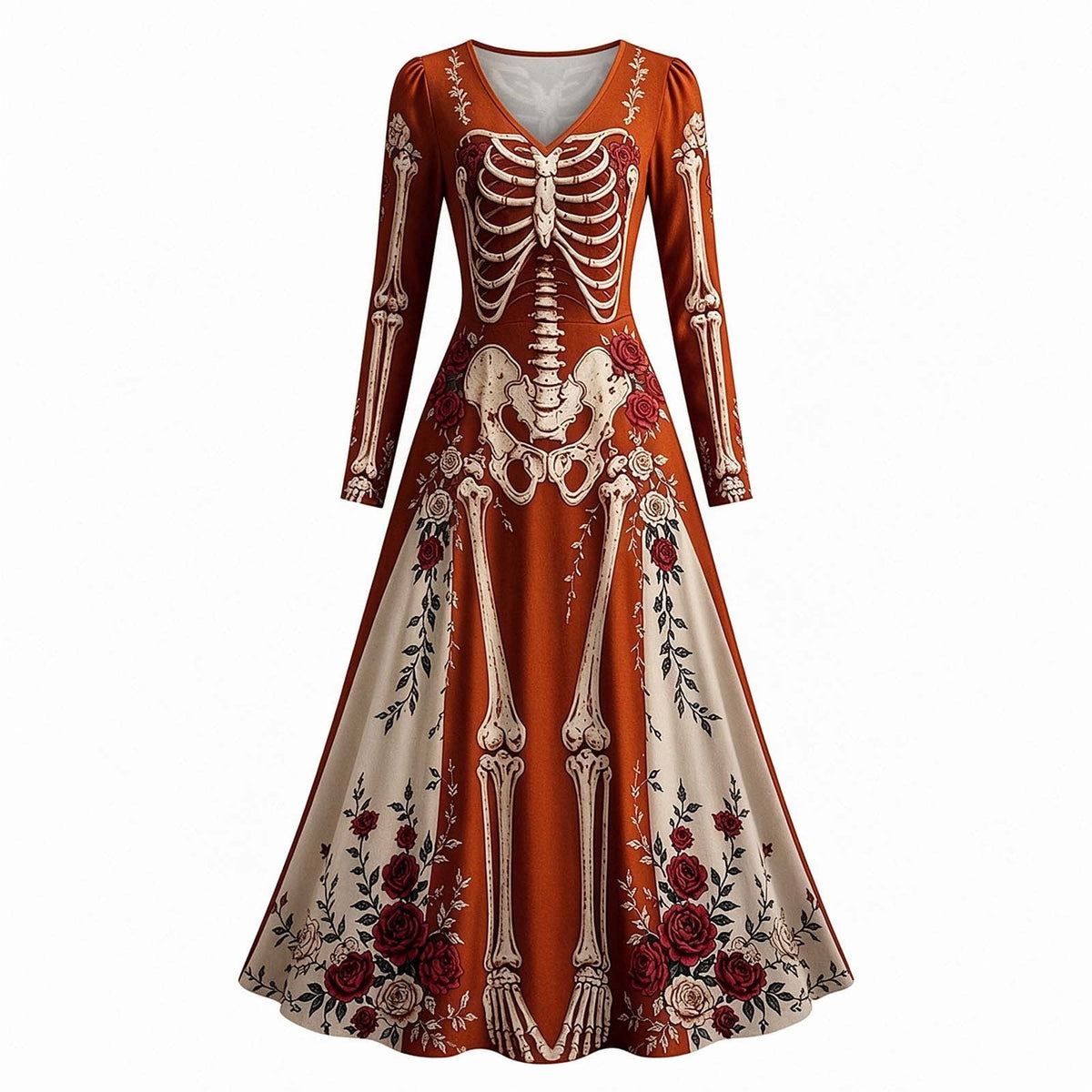 thumbnail image 4 of Wovilon Women's Halloween Skeleton Maxi Dress V-Neck Long Sleeve Gothic Rose Floral Bone Print Stretch Costume for Adult Halloween Parties 5 Colors S-XXXXXL, 4 of 4