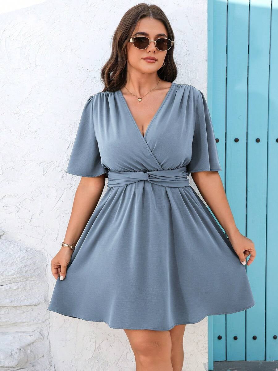 thumbnail image 6 of Women Dusty Blue Wrap Dress With Twist Waist And Flare Sleeves, 6 of 6