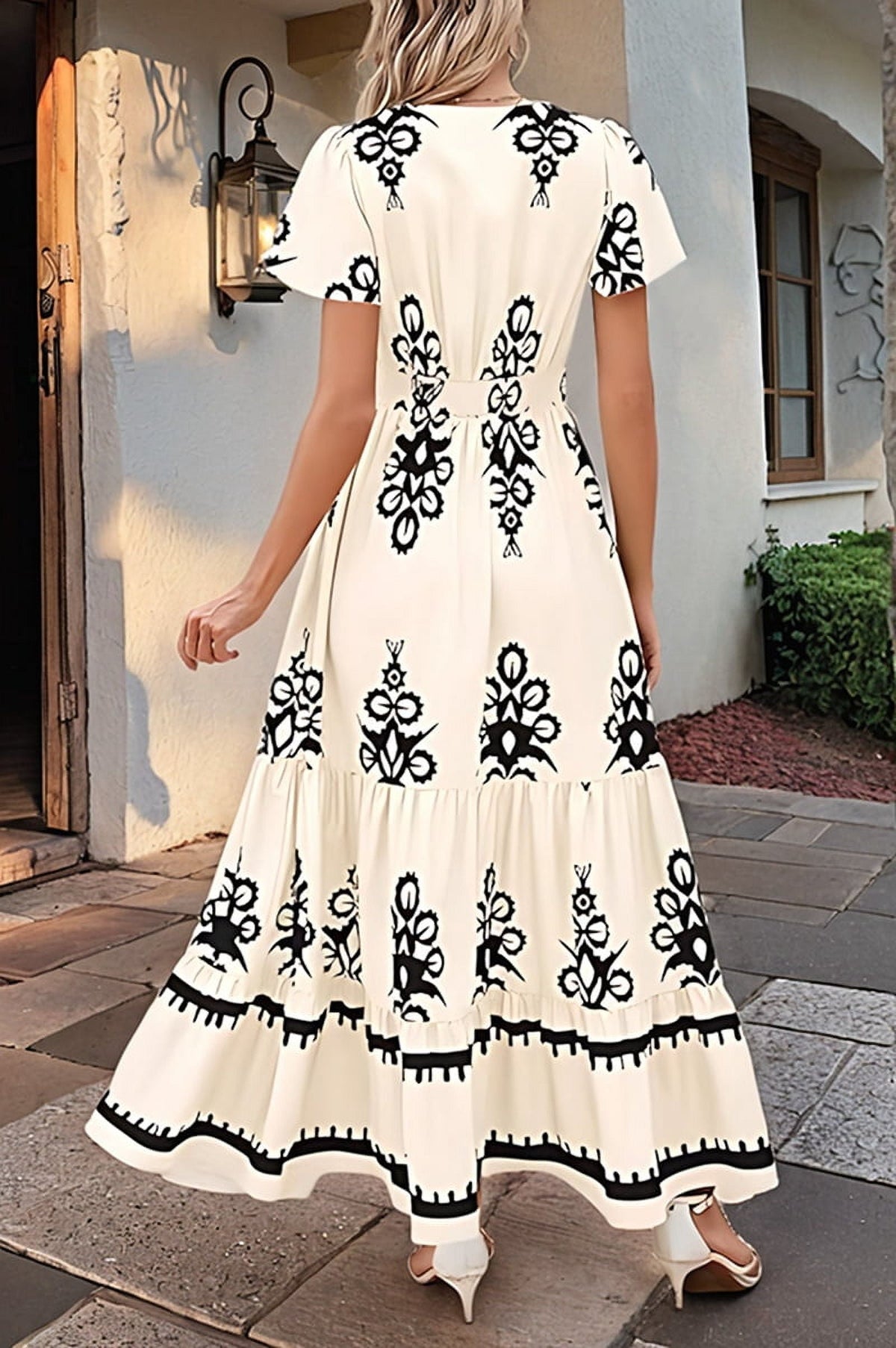 thumbnail image 6 of Womens 2025 Summer Casual V Neck Boho Maxi Dress Flowy Aline Bell Sleeve Tiered Floral Dresses with Pocket L, 6 of 7