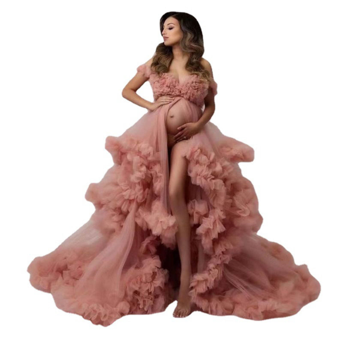 thumbnail image 1 of gakvbuo Maternity Dress For Women Plus Size Summer Baby Shower Pregnancy Dresses For Photoshoot Maternity Clothing Women Off Shoulder Pregnants Sexy Photography Ruffled Nursing Long Dress, 1 of 9
