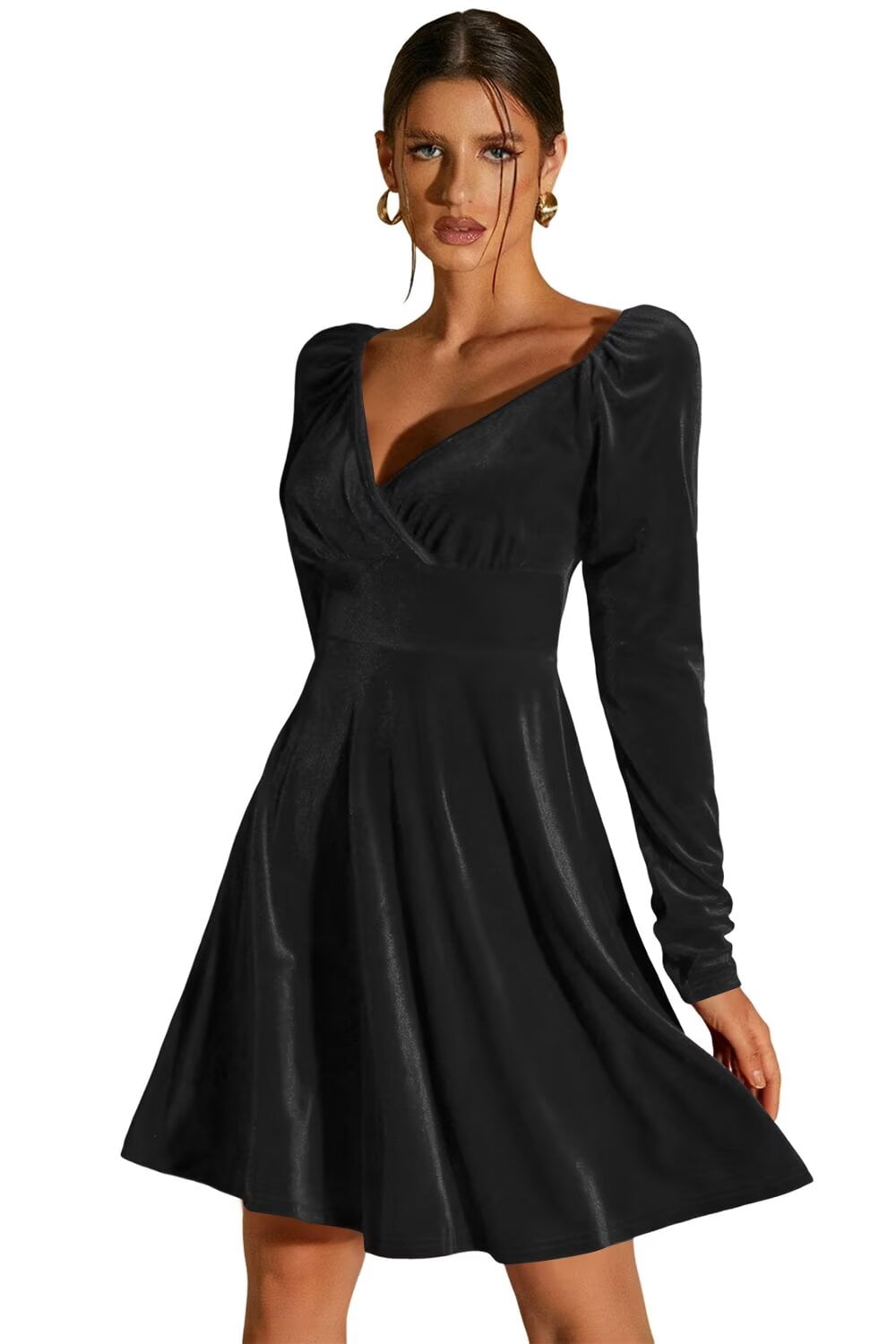 thumbnail image 1 of optkeat Women's Long Sleeve Velvet Cocktail Dress, Deep V-Neck A-Line Short Formal Party Dress, 1 of 8